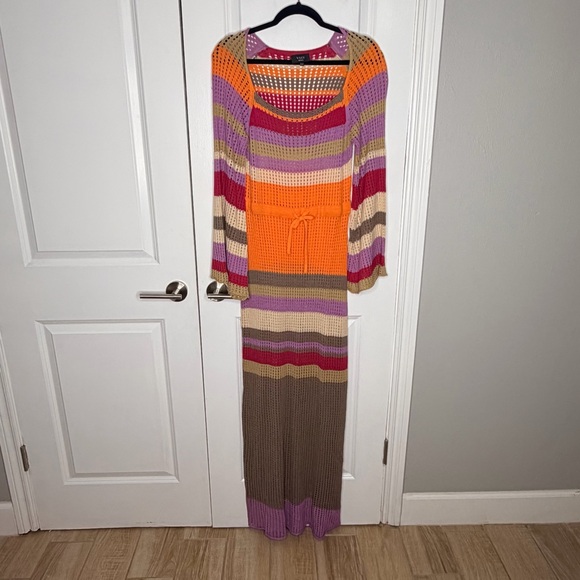Vici By The Sea Crochet Maxi Cover Up Dress Size Small Striped Pink Orange - Picture 4 of 8